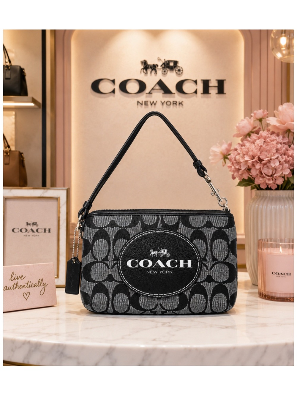 Coach Signature Horse & Carriage Medium Zip Wristlet.